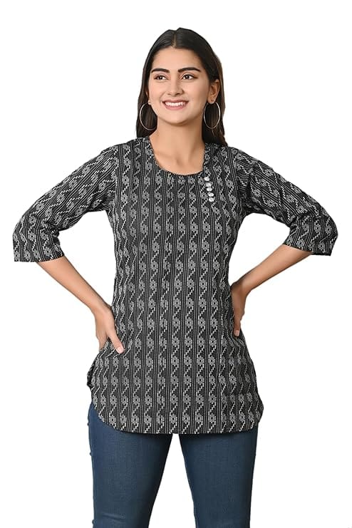 Women's Black Printed Straight Kurta with 3/4th Sleeves