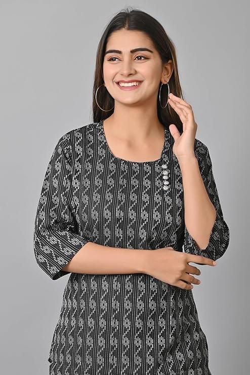 Women's Black Printed Straight Kurta with 3/4th Sleeves