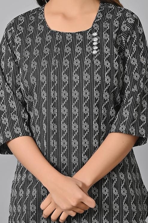 Women's Black Printed Straight Kurta with 3/4th Sleeves