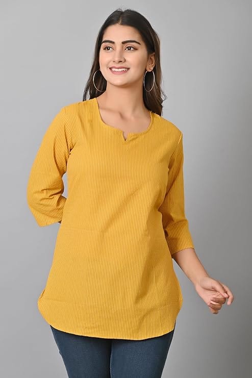 Modern Women Mustard yellow striped cotton tunic 2025 at ShopCircuit | ONDC