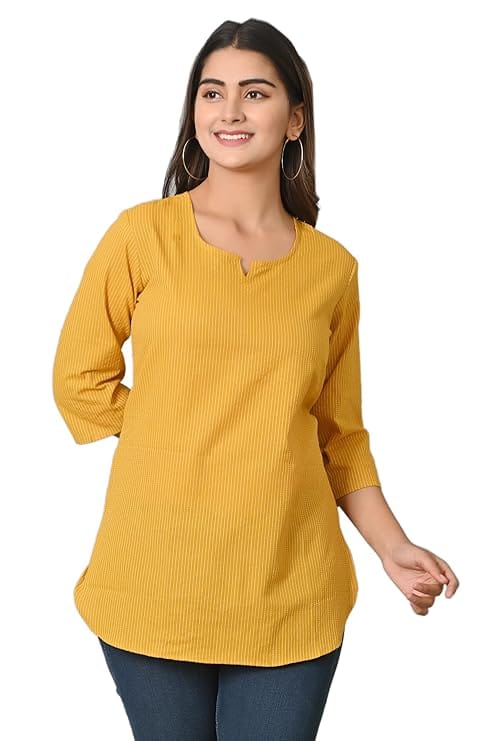 Modern Women Mustard yellow striped cotton tunic 2025 at ShopCircuit | ONDC
