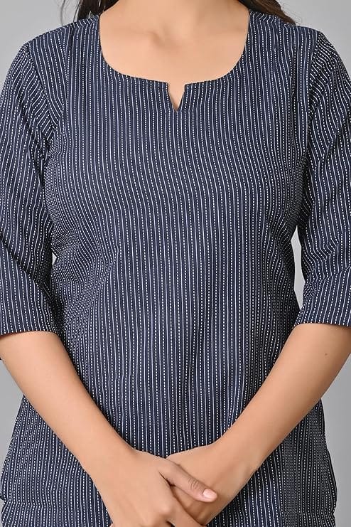 Women's Blue Striped Cotton Kurta with 3/4th Sleeves