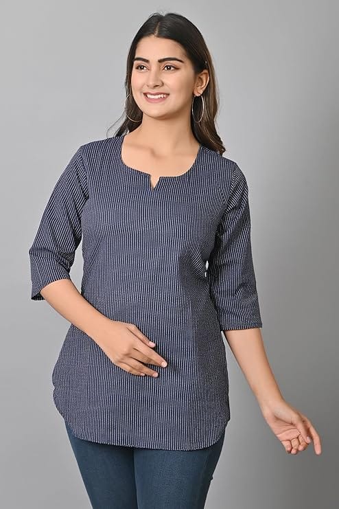 Women's Blue Striped Cotton Kurta with 3/4th Sleeves
