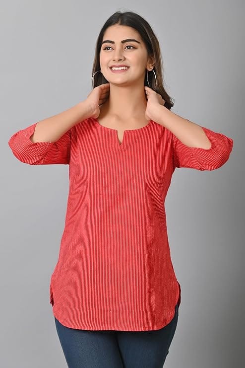 Red Handloom Cotton Striped Short Kurti with 3/4th Sleeves