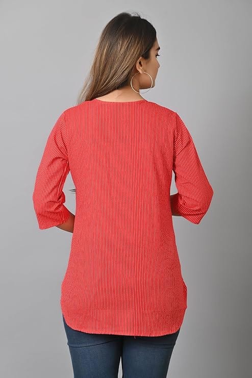 Red Handloom Cotton Striped Short Kurti with 3/4th Sleeves