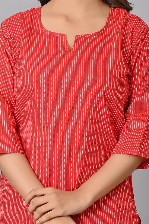 Red Handloom Cotton Striped Short Kurti with 3/4th Sleeves