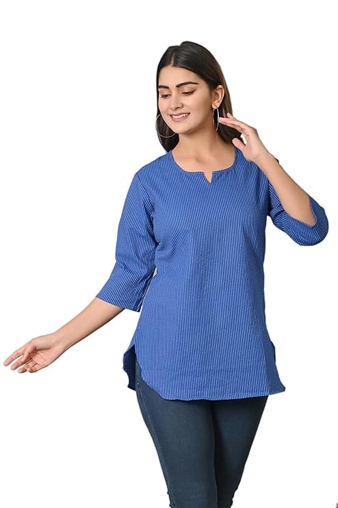 New Women Women's Blue Striped Cotton Kurta with 3/4th Sleeves 2025 at ShopCircuit | ONDC