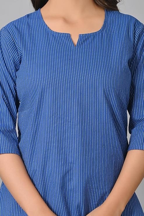 New Women Women's Blue Striped Cotton Kurta with 3/4th Sleeves 2025 at ShopCircuit | ONDC