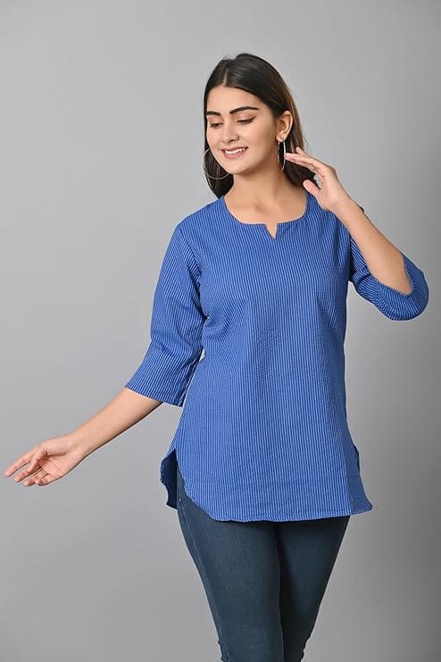 New Women Women's Blue Striped Cotton Kurta with 3/4th Sleeves 2025 at ShopCircuit | ONDC