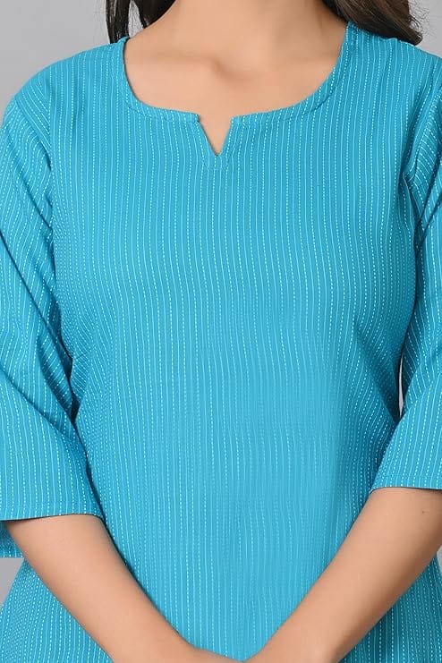 Women's Sky-blue Striped Cotton Kurta with 3/4th Sleeves