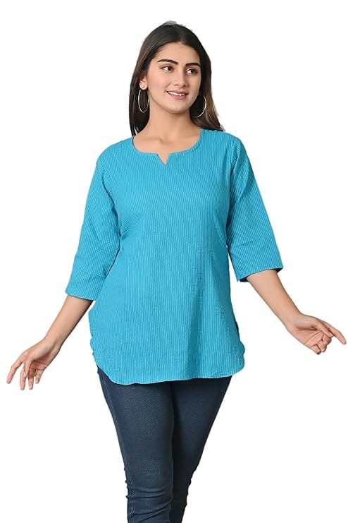 Women's Sky-blue Striped Cotton Kurta with 3/4th Sleeves