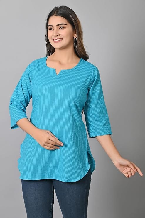 Women's Sky-blue Striped Cotton Kurta with 3/4th Sleeves