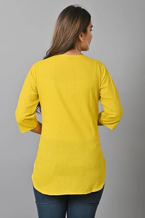 Premium Women Women's Yellow Cotton Striped Kurta with 3/4th Sleeves 2025 at ShopCircuit | ONDC