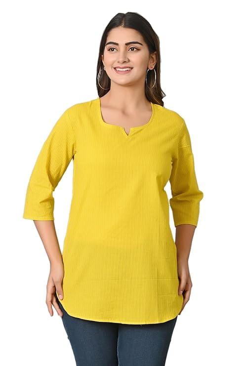 Premium Women Women's Yellow Cotton Striped Kurta with 3/4th Sleeves 2025 at ShopCircuit | ONDC