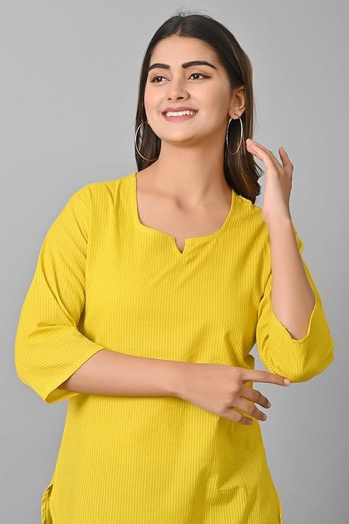 Premium Women Women's Yellow Cotton Striped Kurta with 3/4th Sleeves 2025 at ShopCircuit | ONDC