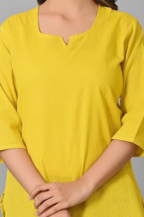 Premium Women Women's Yellow Cotton Striped Kurta with 3/4th Sleeves 2025 at ShopCircuit | ONDC