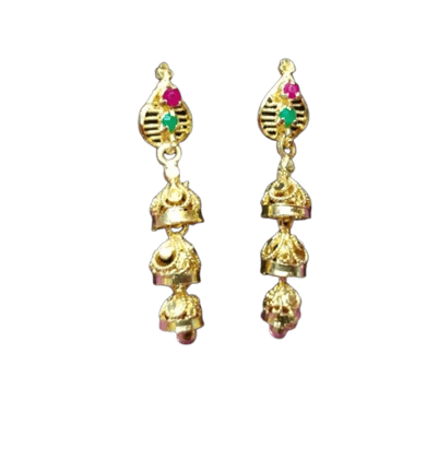  18K Gold Plated Traditional Jhumka Earrings with Ruby and Emerald Stones for Women
