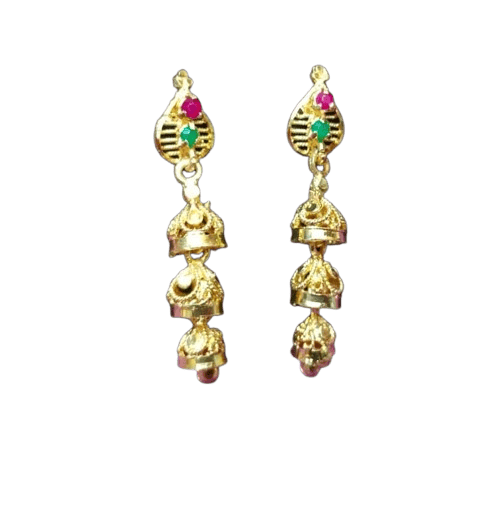  18K Gold Plated Traditional Jhumka Earrings with Ruby and Emerald Stones for Women