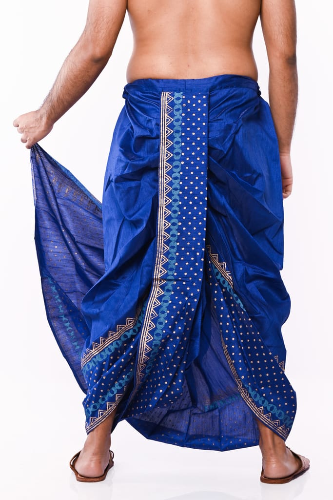 Oblik's Royal Blue 02 Hand Block Print Dupion Silk Dhoti For Men
