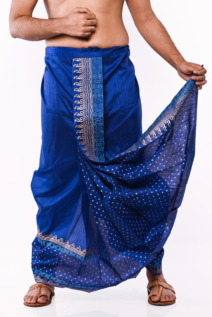 Oblik's Royal Blue 02 Hand Block Print Dupion Silk Dhoti For Men
