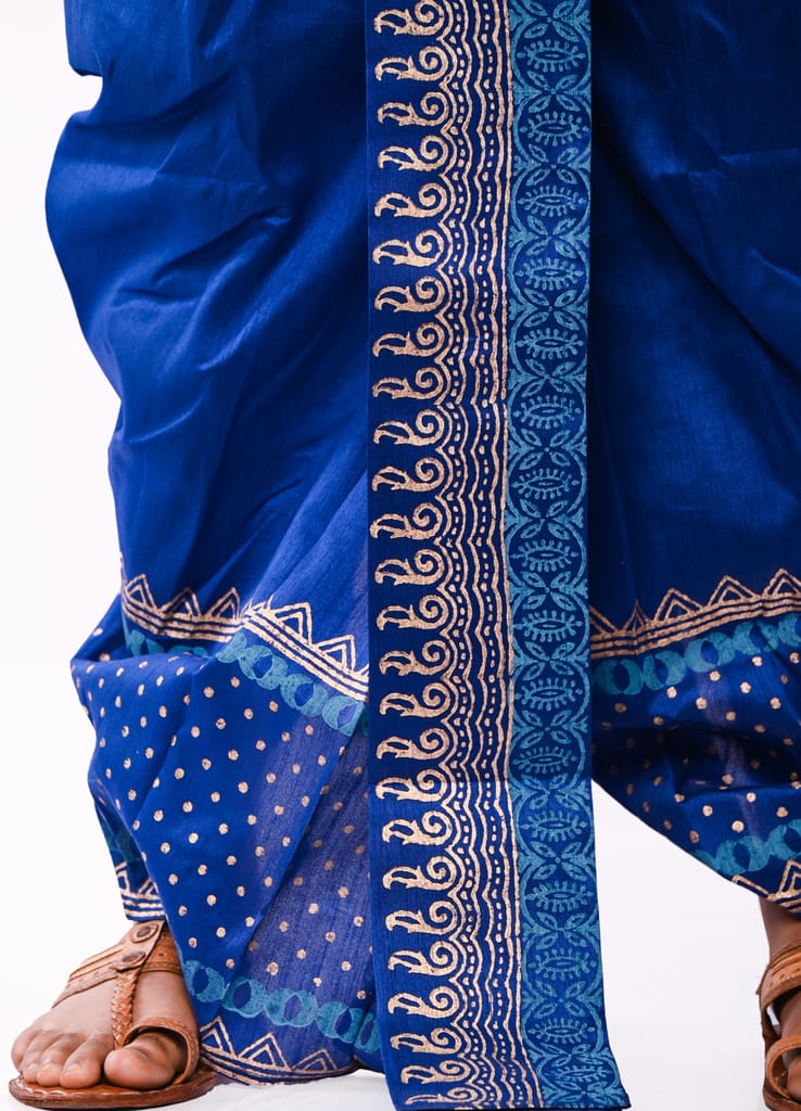 Oblik's Royal Blue 02 Hand Block Print Dupion Silk Dhoti For Men