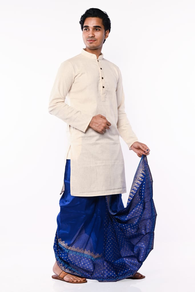 Oblik's Royal Blue 02 Hand Block Print Dupion Silk Dhoti For Men