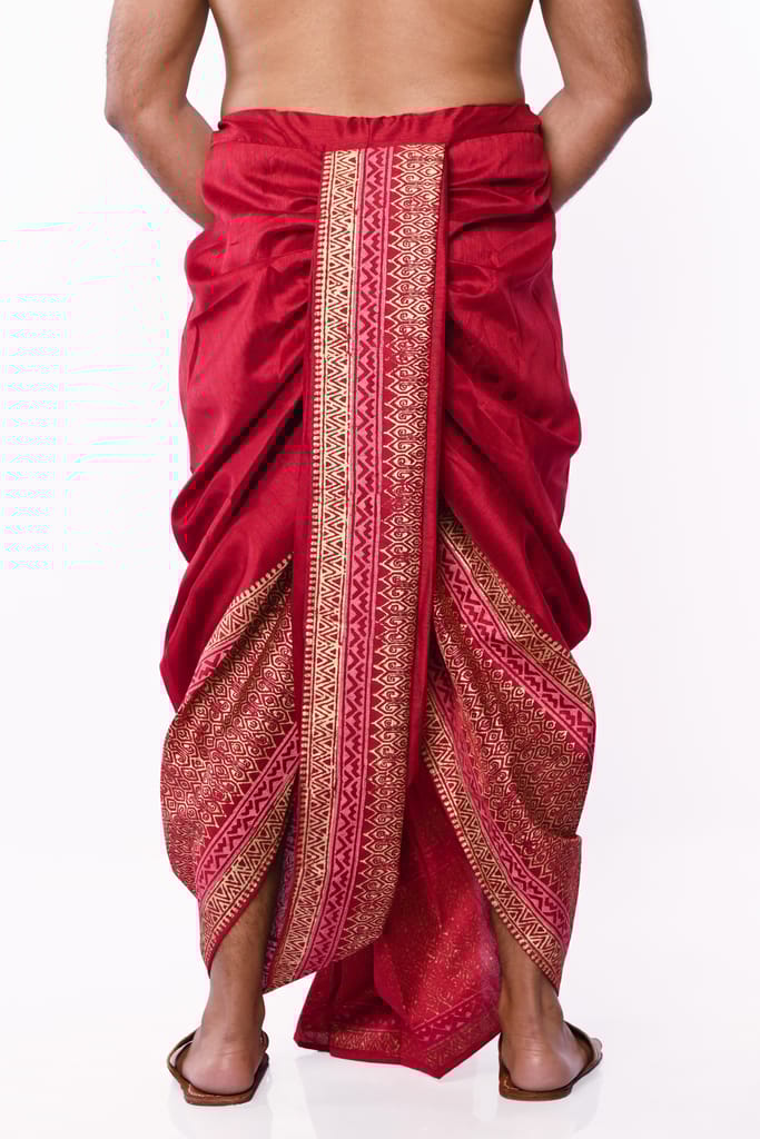 Oblik's Maroon 03 Hand Block Print Dupion Silk Dhoti For Men