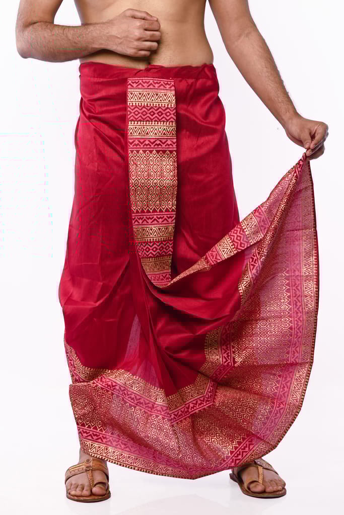 Oblik's Maroon 03 Hand Block Print Dupion Silk Dhoti For Men