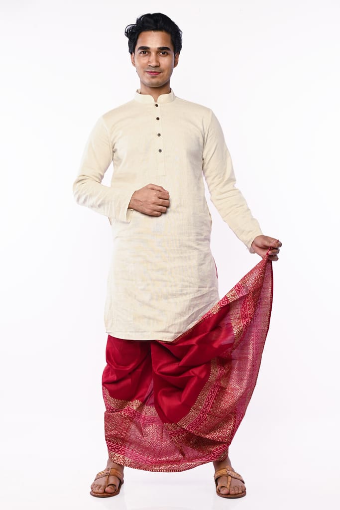 Oblik's Maroon 03 Hand Block Print Dupion Silk Dhoti For Men