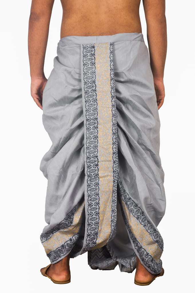 Oblik's Gray 04 Hand Block Print Dupion Silk Dhoti For Men