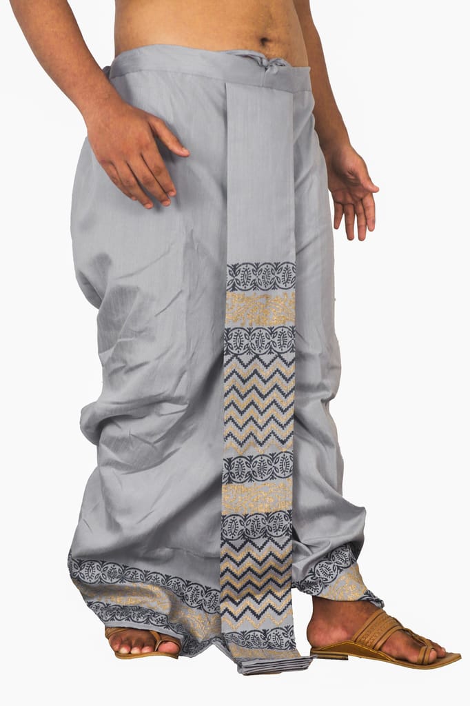 Oblik's Gray 04 Hand Block Print Dupion Silk Dhoti For Men