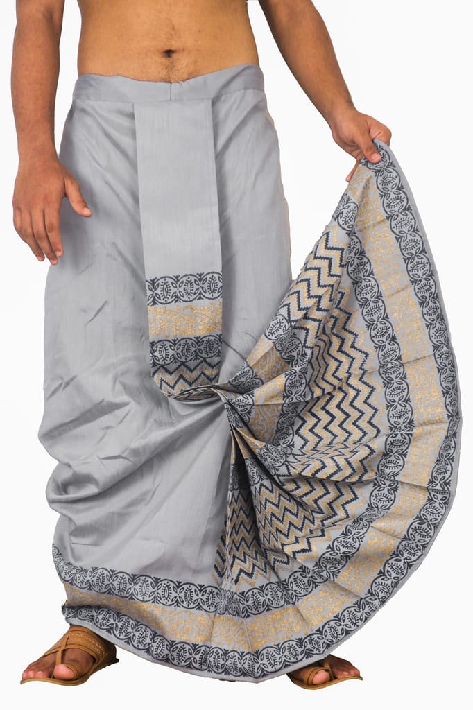 Oblik's Gray 04 Hand Block Print Dupion Silk Dhoti For Men