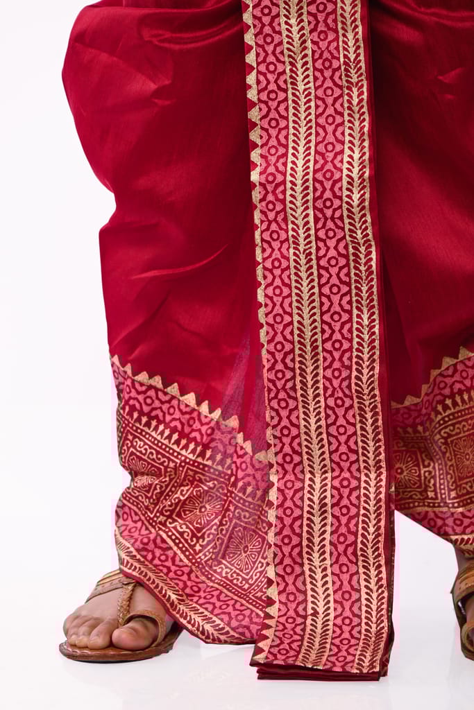 Oblik's Maroon 05 Hand Block Print Dupion Silk Dhoti For Men