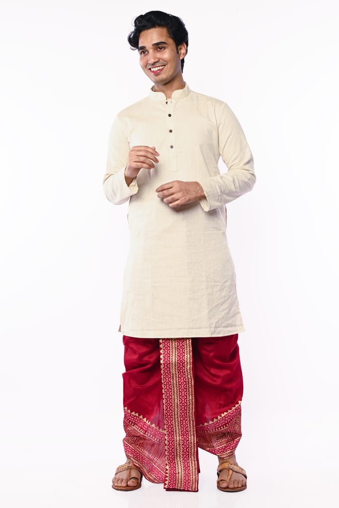 Oblik's Maroon 05 Hand Block Print Dupion Silk Dhoti For Men