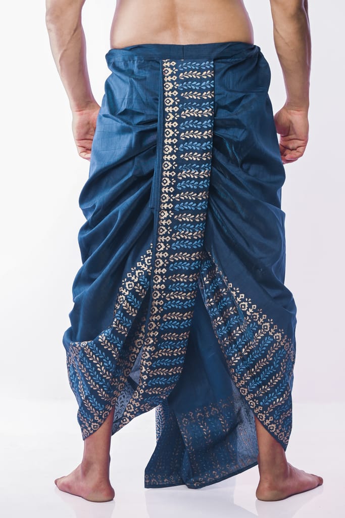 Oblik's Peacock Blue 06 Hand Block Print Dupion Silk Dhoti For Men