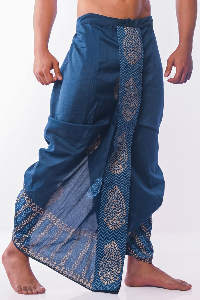 Oblik's Peacock Blue 06 Hand Block Print Dupion Silk Dhoti For Men
