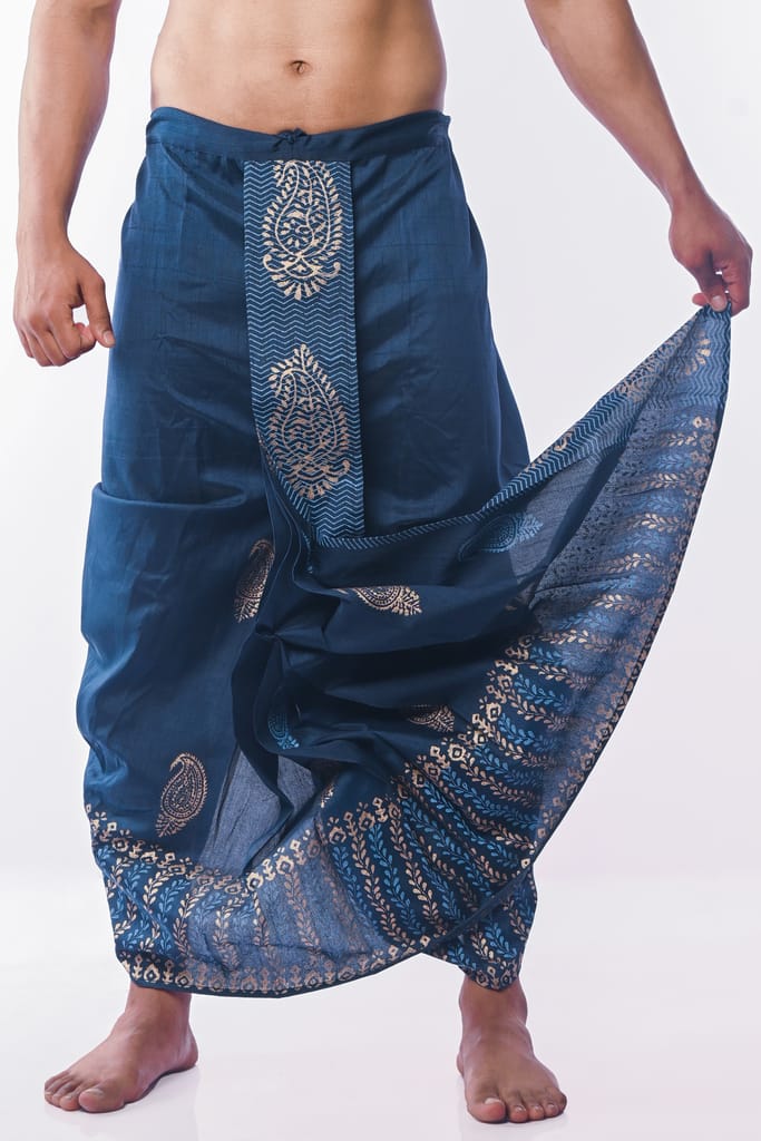 Oblik's Peacock Blue 06 Hand Block Print Dupion Silk Dhoti For Men