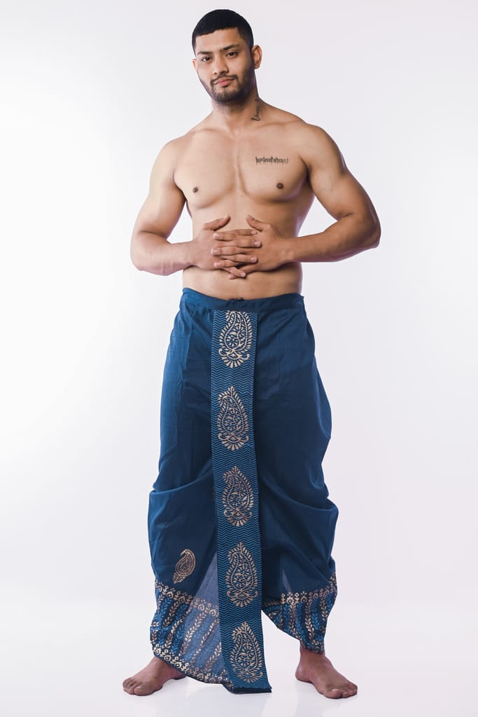 Oblik's Peacock Blue 06 Hand Block Print Dupion Silk Dhoti For Men