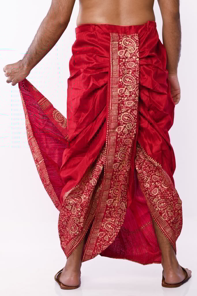 Oblik's Maroon 07 Hand Block Print Dupion Silk Dhoti For Men