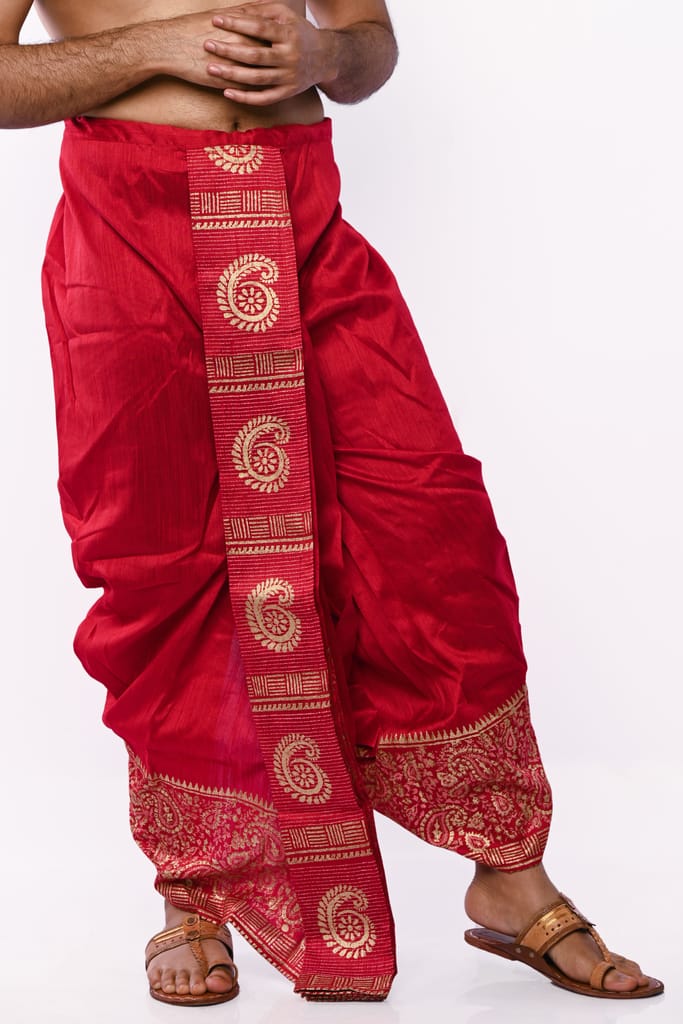 Oblik's Maroon 07 Hand Block Print Dupion Silk Dhoti For Men