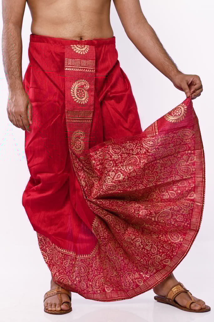 Oblik's Maroon 07 Hand Block Print Dupion Silk Dhoti For Men