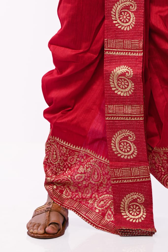 Oblik's Maroon 07 Hand Block Print Dupion Silk Dhoti For Men