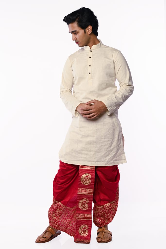 Oblik's Maroon 07 Hand Block Print Dupion Silk Dhoti For Men