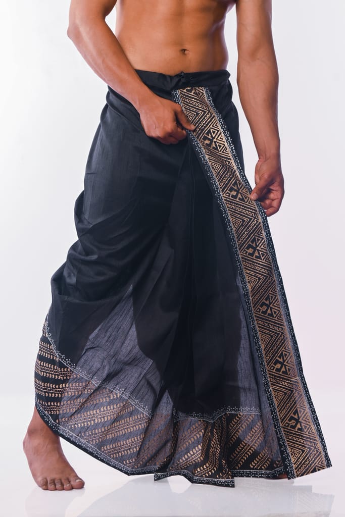 Oblik's Black 08 Hand Block Print Dupion Silk Dhoti For Men
