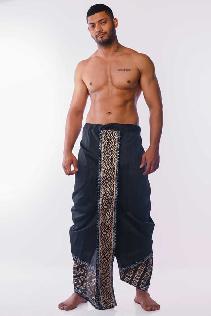 Oblik's Black 08 Hand Block Print Dupion Silk Dhoti For Men