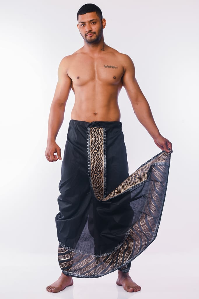 Oblik's Black 08 Hand Block Print Dupion Silk Dhoti For Men