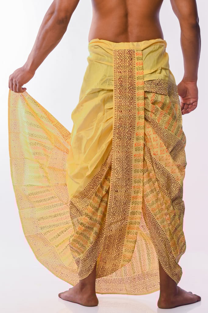 Oblik's Yellow 09 Hand Block Print Dupion Silk Dhoti For Men