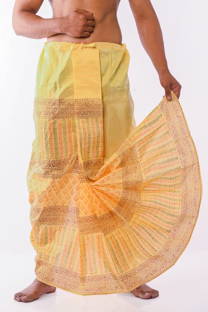 Oblik's Yellow 09 Hand Block Print Dupion Silk Dhoti For Men