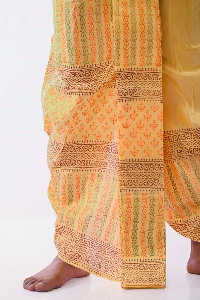Oblik's Yellow 09 Hand Block Print Dupion Silk Dhoti For Men