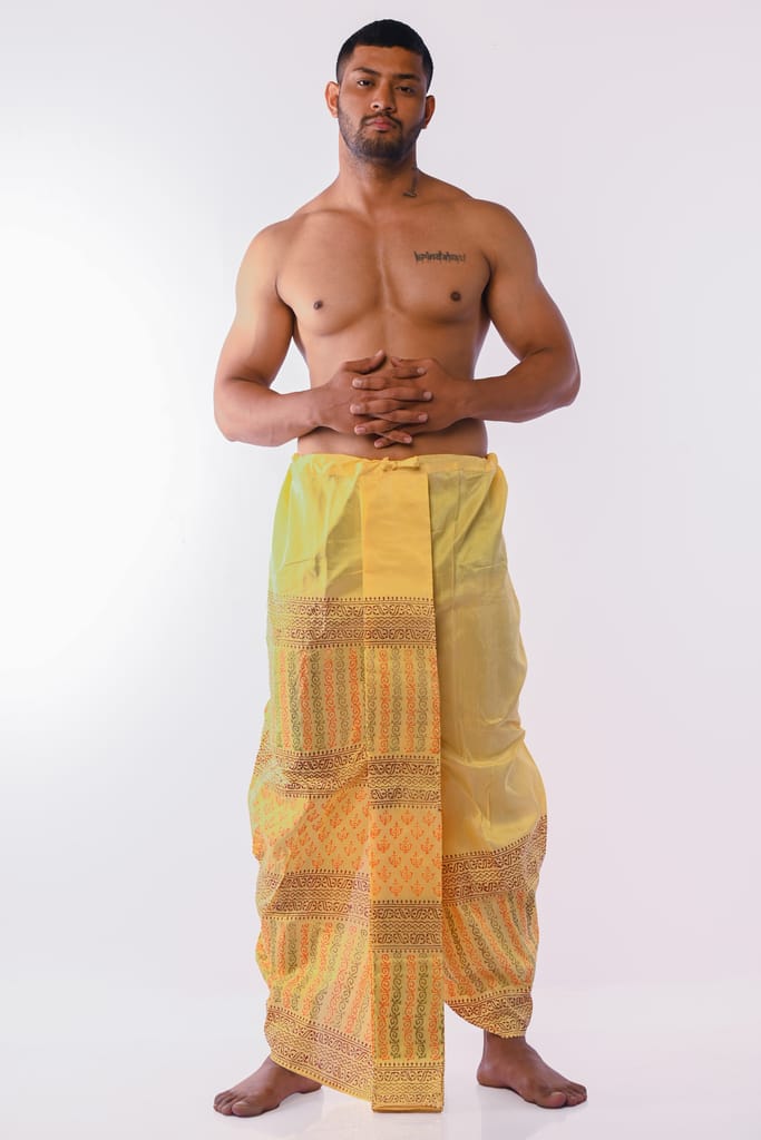 Oblik's Yellow 09 Hand Block Print Dupion Silk Dhoti For Men